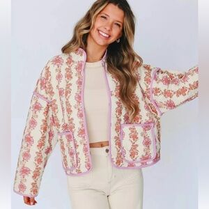 NWOT Women Floral Quilted Puffer Jacket Cropped Lightweight Patchwork Vintage
